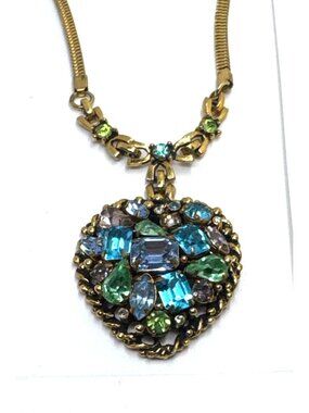 Vintage Barclay Heart Pendant Necklace Blue Green Rhinestone Gold Tone 16.5"